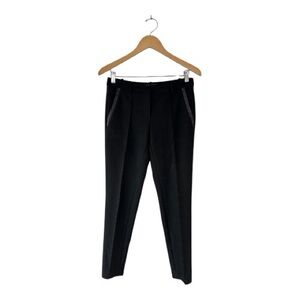 Maje Black Tailored Cigarette Pants with Navy Tuxedo Stripes and Leather Trim, 4